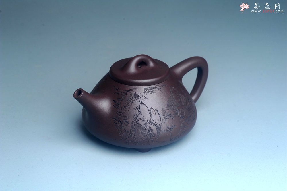 紫砂壶图片：实力派工艺师周斌优质底槽清全手工精工子冶石瓢 装饰竹林七贤 特文气 - 宜兴紫砂壶网