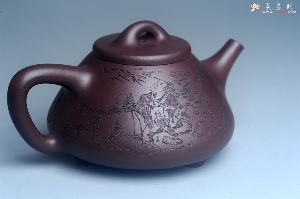 紫砂壶图片：实力派工艺师周斌优质底槽清全手工精工子冶石瓢 装饰竹林七贤 特文气 - 宜兴紫砂壶网