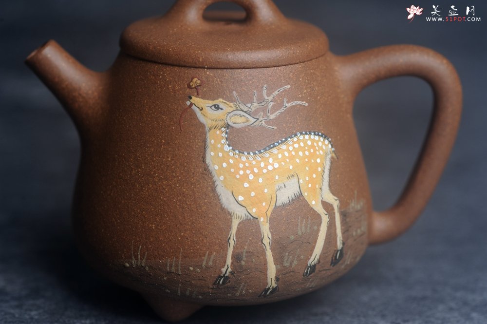 紫砂壶图片：美壶特惠 潜力股王静然 精致老段泥高石瓢 泥绘梅花鹿 特文气 呦呦鹿鸣食野之苹 - 宜兴紫砂壶网