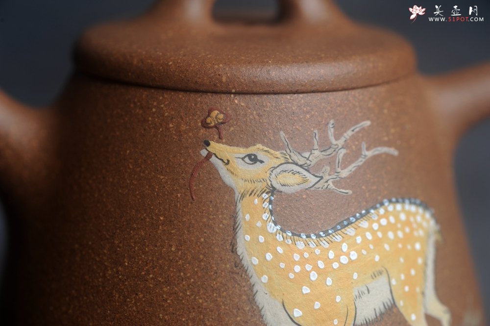 紫砂壶图片：美壶特惠 潜力股王静然 精致老段泥高石瓢 泥绘梅花鹿 特文气 呦呦鹿鸣食野之苹 - 宜兴紫砂壶网