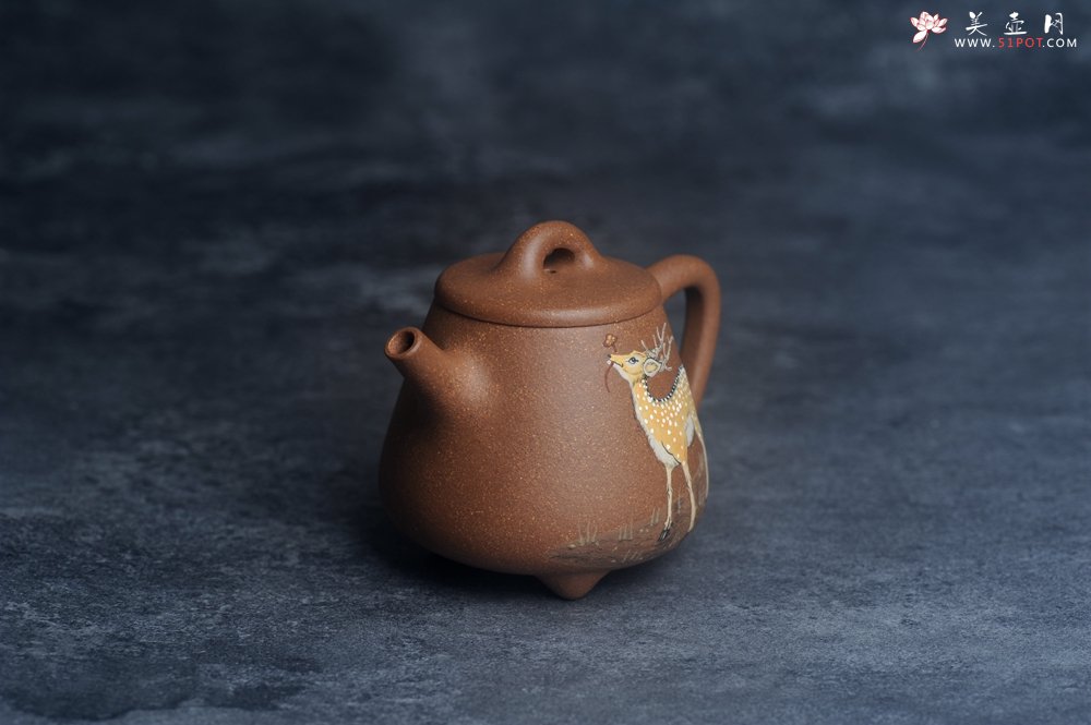 紫砂壶图片：美壶特惠 潜力股王静然 精致老段泥高石瓢 泥绘梅花鹿 特文气 呦呦鹿鸣食野之苹 - 宜兴紫砂壶网