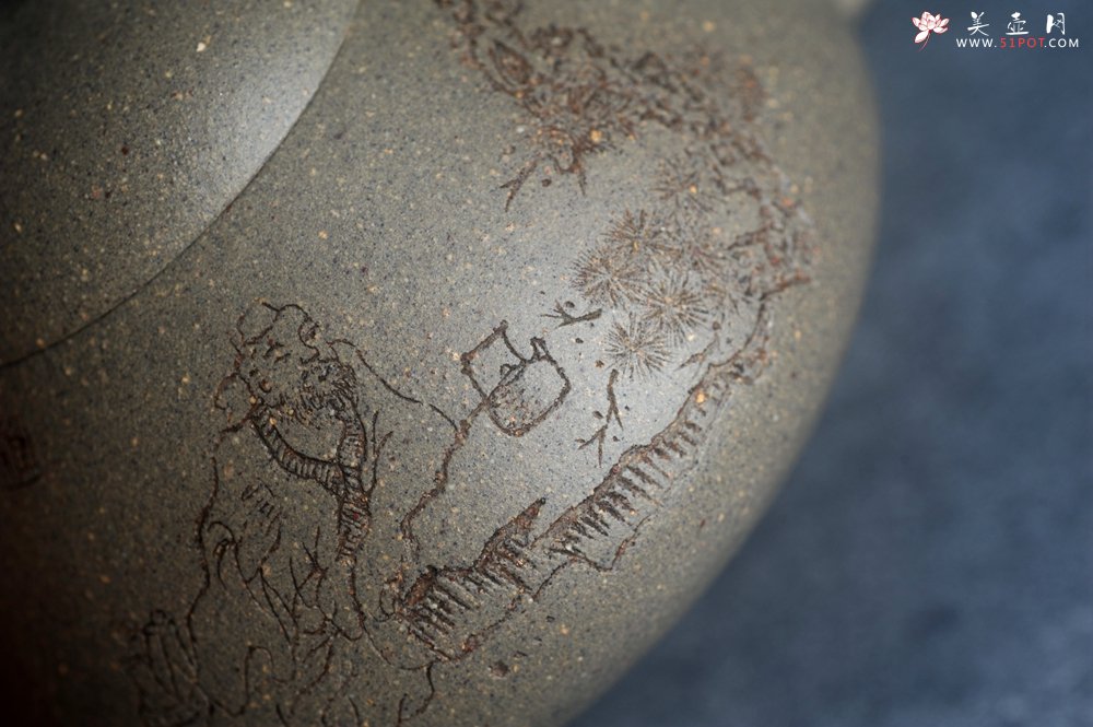 紫砂壶图片：美壶特惠 美壶网特供限量极品高温四号井老青段 精工乳瓢茶壶 装饰人物 特文气 - 宜兴紫砂壶网