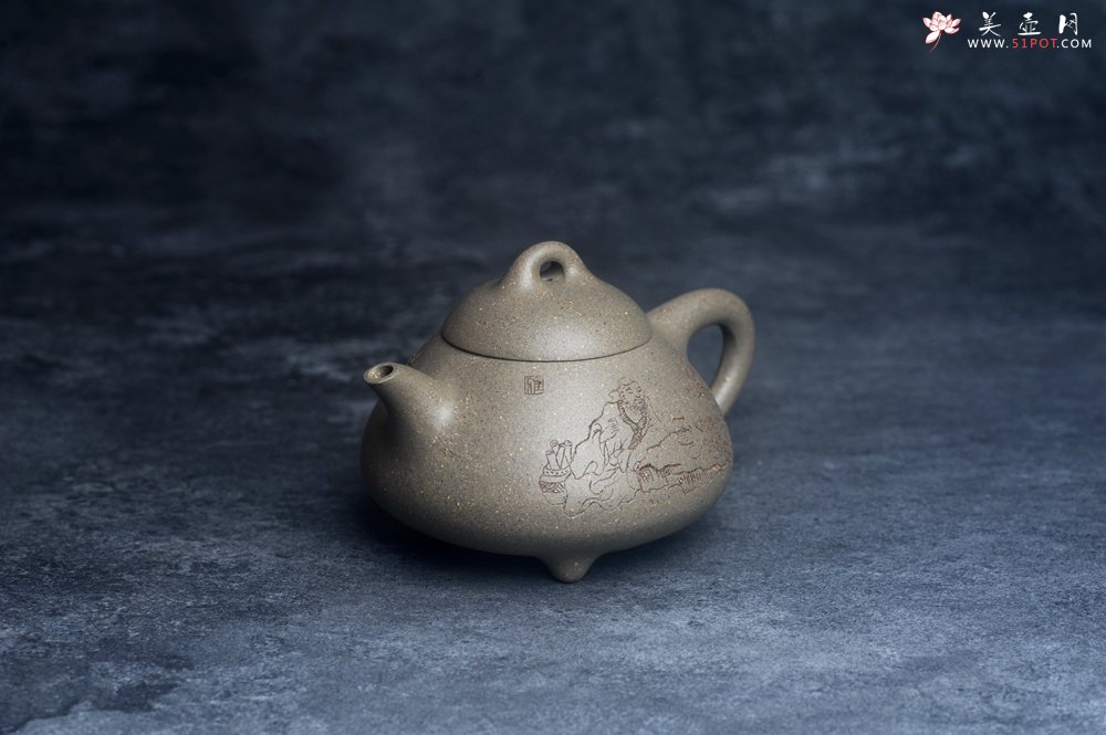 紫砂壶图片：美壶特惠 美壶网特供限量极品高温四号井老青段 精工乳瓢茶壶 装饰人物 特文气 - 宜兴紫砂壶网