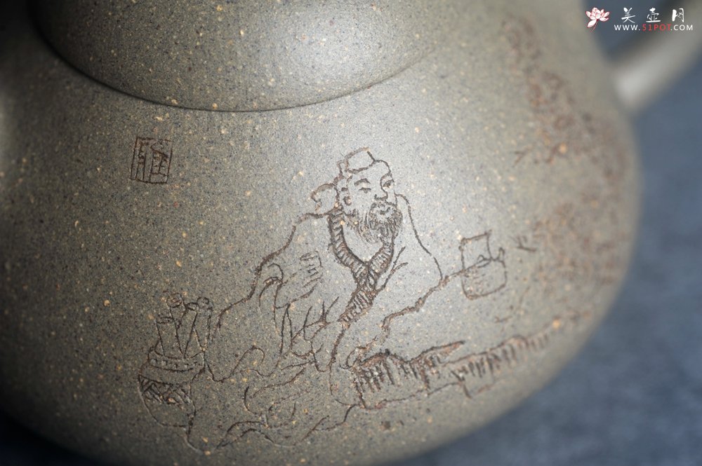 紫砂壶图片：美壶特惠 美壶网特供限量极品高温四号井老青段 精工乳瓢茶壶 装饰人物 特文气 - 宜兴紫砂壶网