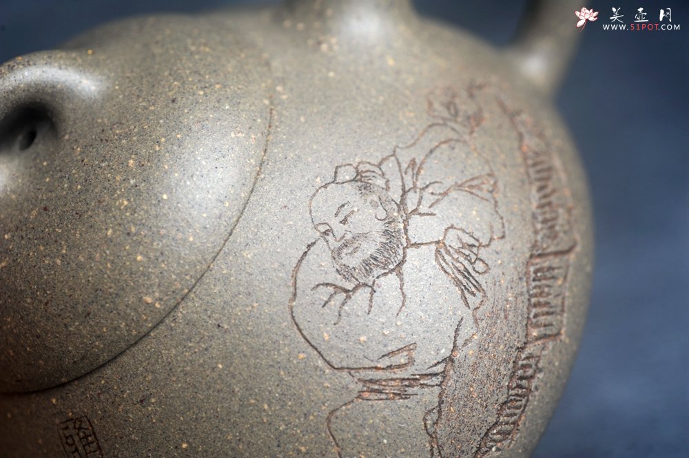 紫砂壶图片：美壶特惠 美壶网特供限量极品高温四号井老青段 精工乳瓢茶壶 装饰人物 特文气 - 宜兴紫砂壶网