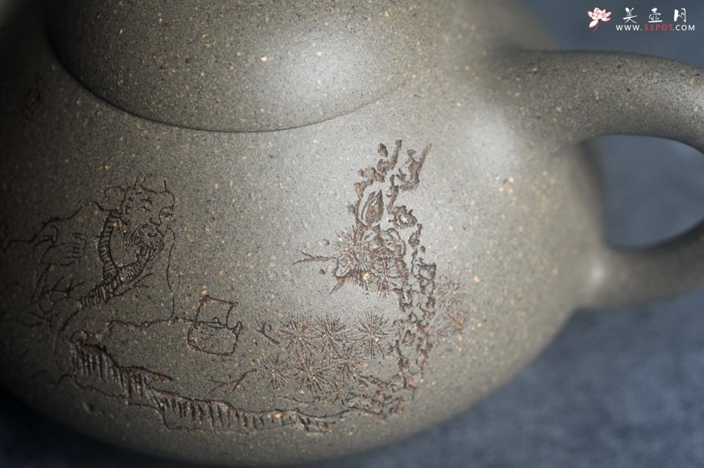 紫砂壶图片：美壶特惠 美壶网特供限量极品高温四号井老青段 精工乳瓢茶壶 装饰人物 特文气 - 宜兴紫砂壶网