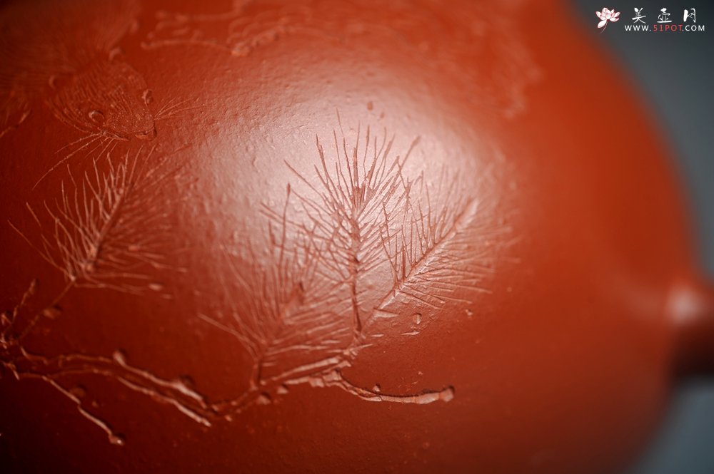 紫砂壶图片：美壶特惠紫砂壶优质朱泥扁西施壶 装饰松针松鼠 秋韵图 - 宜兴紫砂壶网