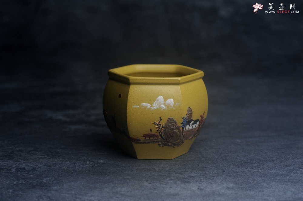 紫砂壶图片：美杯特惠 优质好料黄金段泥好工六方山水主人杯 - 宜兴紫砂壶网