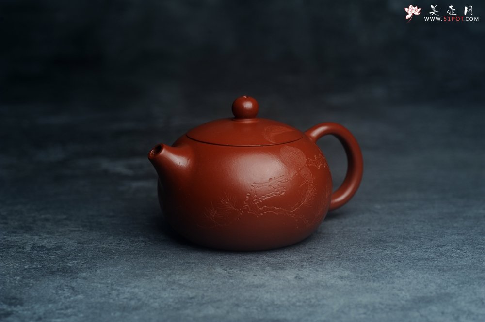 紫砂壶图片：美壶特惠紫砂壶优质朱泥扁西施壶 装饰松针松鼠 秋韵图 - 宜兴紫砂壶网