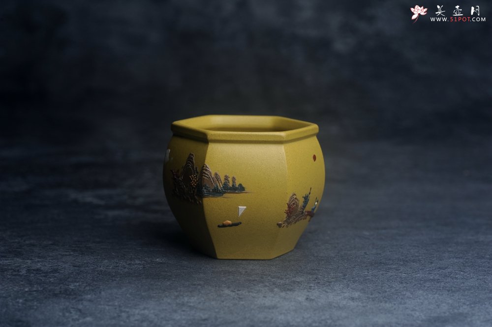 紫砂壶图片：美杯特惠 优质好料黄金段泥好工六方山水主人杯 - 宜兴紫砂壶网