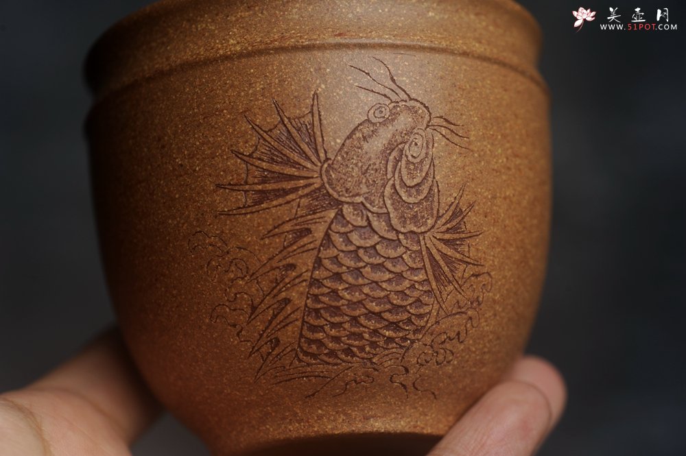 紫砂壶图片：美美杯特惠 精致好段泥主人杯 装饰鱼跃图 特有趣 - 宜兴紫砂壶网