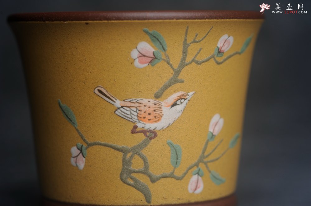 紫砂壶图片：美美杯特惠 精致花鸟紫砂杯 紫泥粉黄金段泥主人杯 茶杯 特文气 - 宜兴紫砂壶网