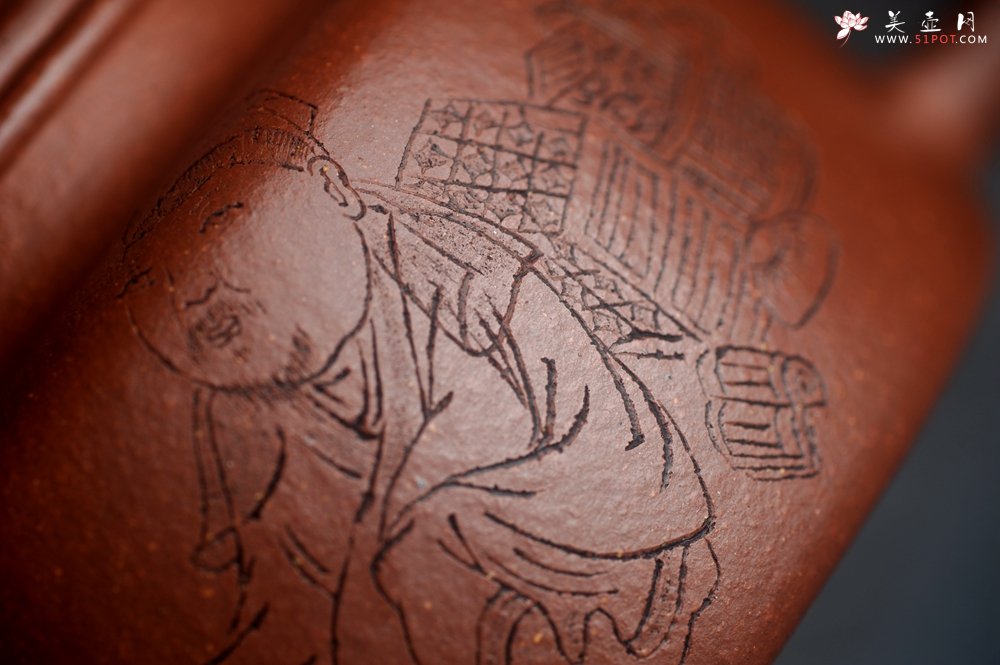 紫砂壶图片：美壶特惠 精致特好降坡泥德中壶 装饰人物特文气 - 宜兴紫砂壶网