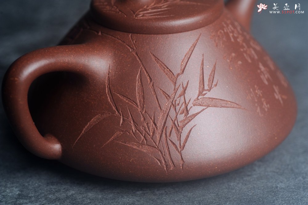 紫砂壶图片：美壶特惠 特好老紫泥子冶石瓢 范小君徒装饰君子竹  寒夜客来茶当酒 竹炉汤沸火初红 - 宜兴紫砂壶网