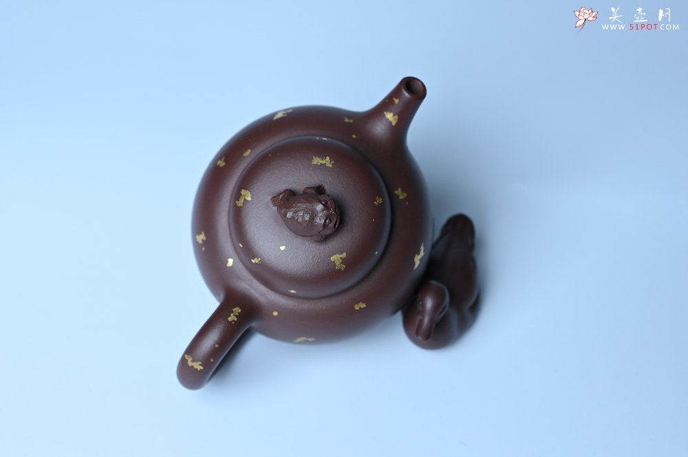 紫砂壶图片：潜力股周小培 全手工原创招财壶200cc 金蟾屹立于壶盖 撒金工艺铺满壶身 寓意黄金落满地 招财进宝 - 宜兴紫砂壶网