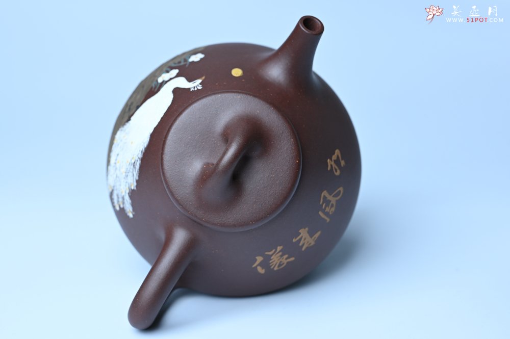 紫砂壶图片：实力派工艺师周斌全手工紫玉金砂子冶石瓢 刻绘孔雀 特文气 - 宜兴紫砂壶网