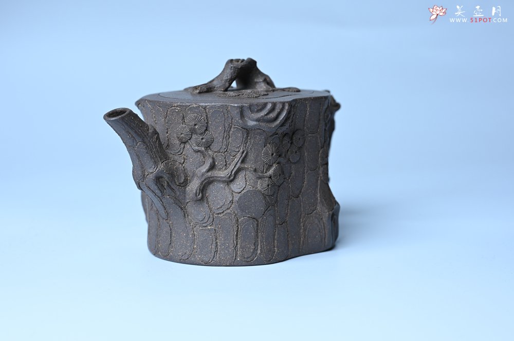 紫砂壶图片：美壶特惠 精致青段泥全松皮 全手工松桩壶 肌理丰富 特文气 - 宜兴紫砂壶网