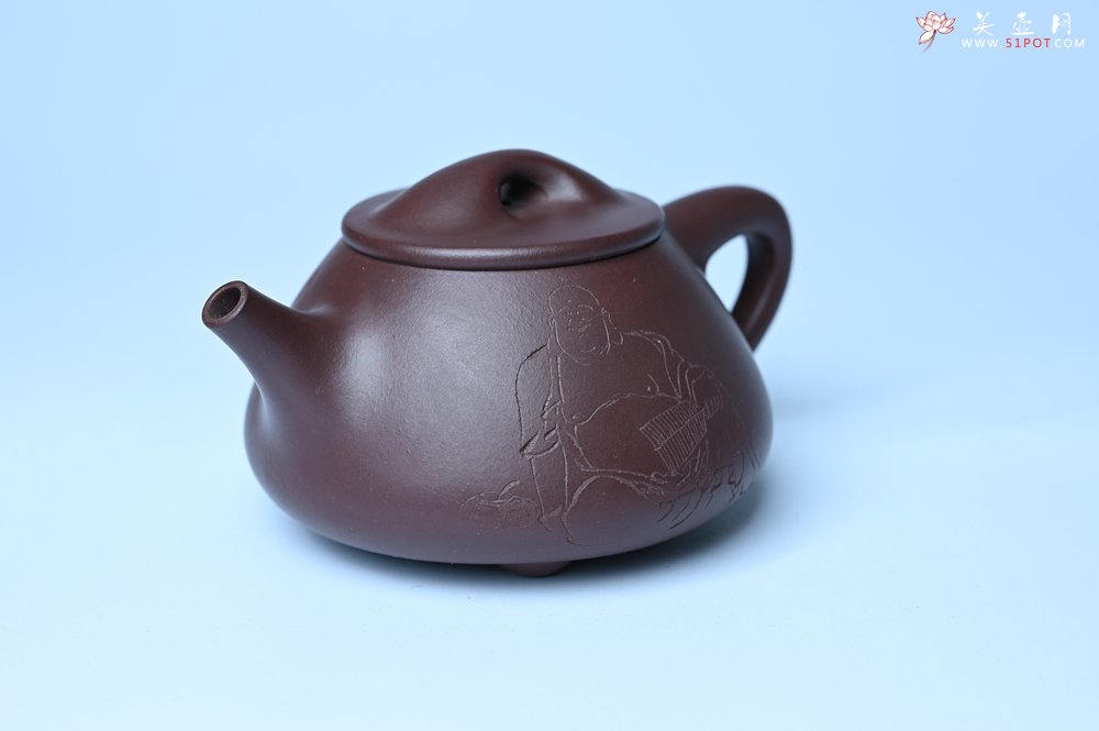 紫砂壶图片：油润底曹青 全手工景舟小石瓢 装饰人物 特文气 - 宜兴紫砂壶网