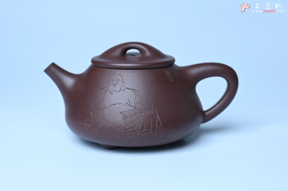 紫砂壶图片：油润底曹青 全手工景舟小石瓢 装饰人物 特文气 - 宜兴紫砂壶网