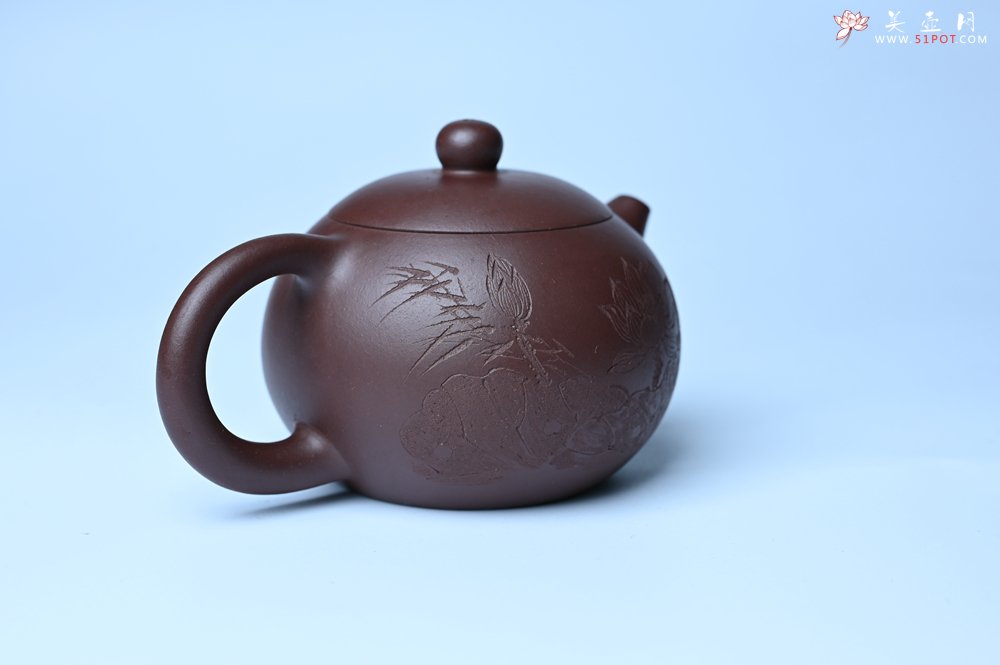 紫砂壶图片：油润底曹青 全手工西施茶壶 玉洁冰清 接天莲叶无穷碧 映日荷花别样红 - 宜兴紫砂壶网