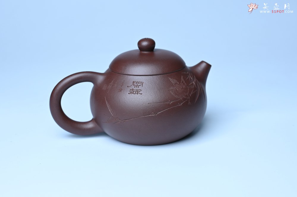 紫砂壶图片：油润底曹青 全手工文旦茶壶 细写茶经煮香雪 闲趣图 特文气 期待与亲结缘 - 宜兴紫砂壶网