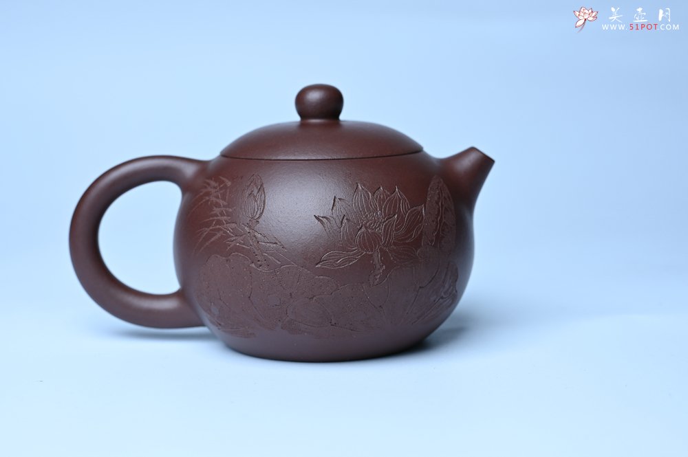 紫砂壶图片：油润底曹青 全手工西施茶壶 玉洁冰清 接天莲叶无穷碧 映日荷花别样红 - 宜兴紫砂壶网