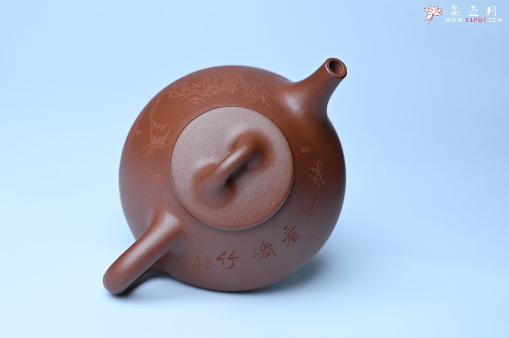 紫砂壶图片：特好底曹青 全手工小子冶石瓢 抚琴看修竹 装饰特文气 期待与亲结缘 - 宜兴紫砂壶网