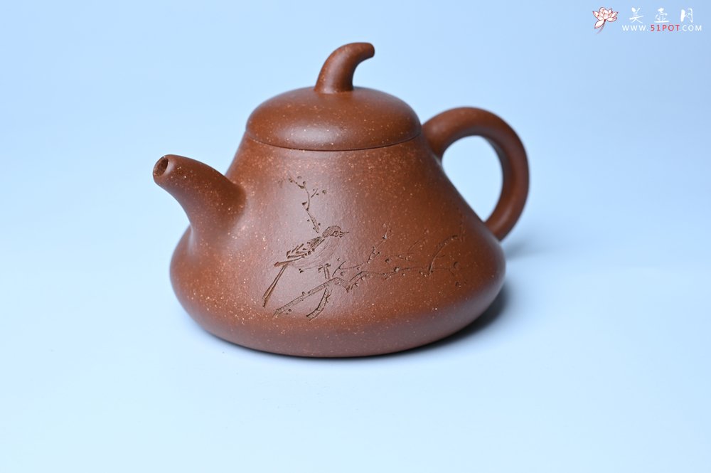 紫砂壶图片：美壶特惠 潜力股王老师 全手工拍打成型茄瓢壶 装饰枯枝鸟 特文气 - 宜兴紫砂壶网