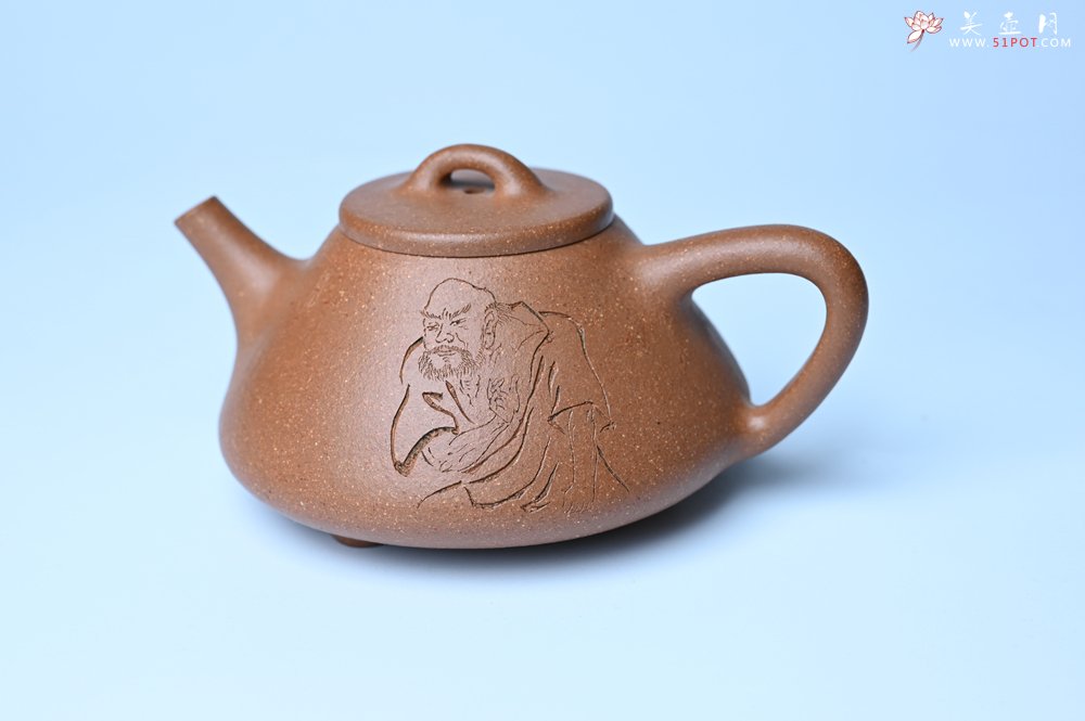 紫砂壶图片：油润五彩段泥 全手工薄胎子冶石瓢 难度大 骨肉匀挺 文气装饰罗汉图 无为 - 宜兴紫砂壶网