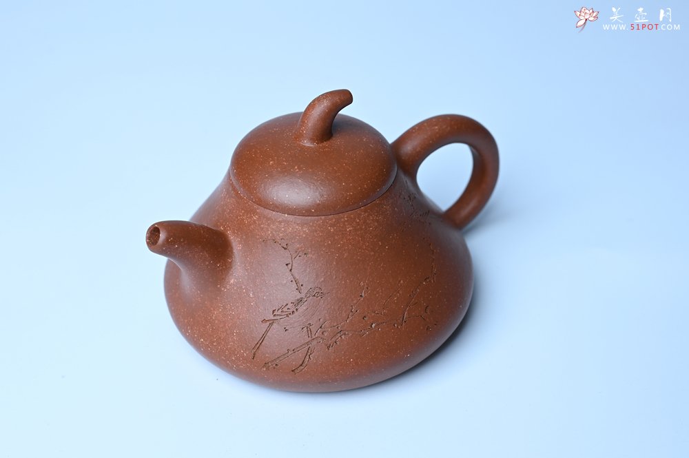 紫砂壶图片：美壶特惠 潜力股王老师 全手工拍打成型茄瓢壶 装饰枯枝鸟 特文气 - 宜兴紫砂壶网