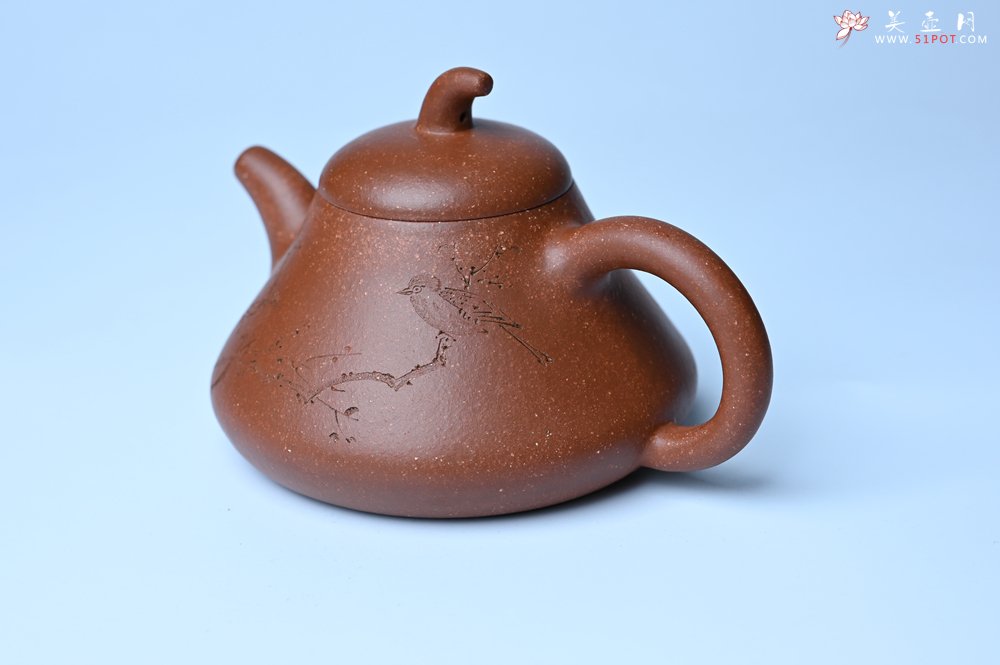紫砂壶图片：美壶特惠 潜力股王老师 全手工拍打成型茄瓢壶 装饰枯枝鸟 特文气 - 宜兴紫砂壶网