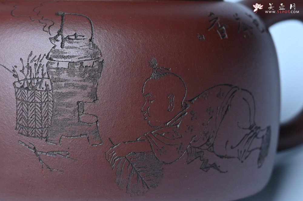 紫砂壶图片：潜力股周小培老师 4号井深井红皮龙 全手工过桥井栏壶 装饰人物特文气 - 宜兴紫砂壶网