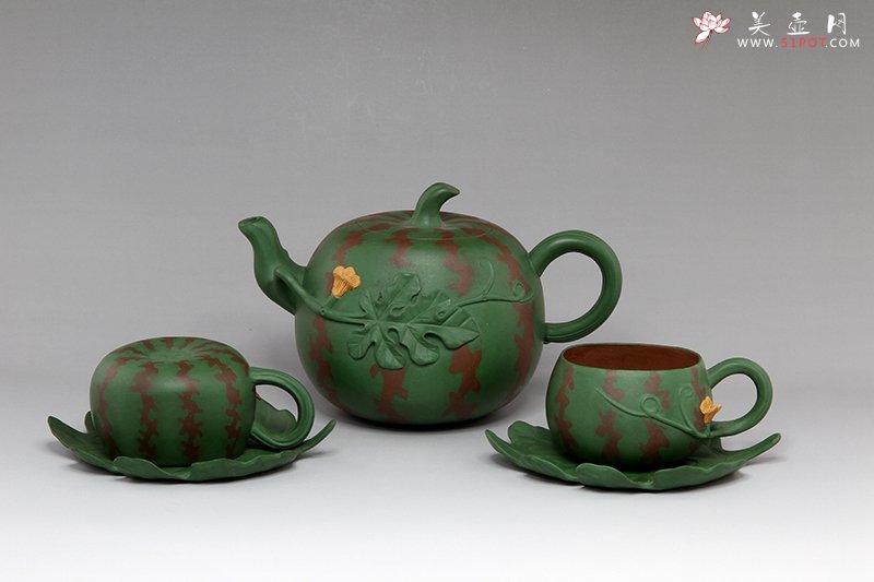 紫砂壶图片：五件方型西瓜茶具 - 宜兴紫砂壶网