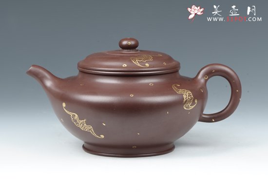 紫砂壶图片：描金高水扁 - 宜兴紫砂壶网