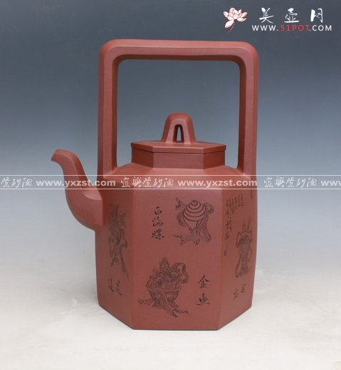 紫砂壶图片：六方八宝提梁 - 宜兴紫砂壶网