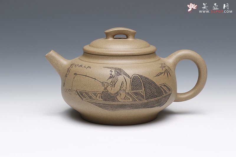 紫砂壶图片：江上垂钓 朱萍萍制作 朱建伟镌刻 - 宜兴紫砂壶网