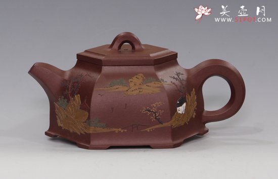紫砂壶图片：泥绘六方 - 宜兴紫砂壶网