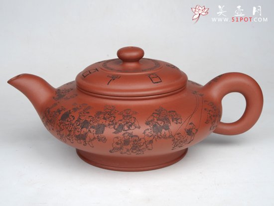 紫砂壶图片：百子图大水扁  4... - 宜兴紫砂壶网