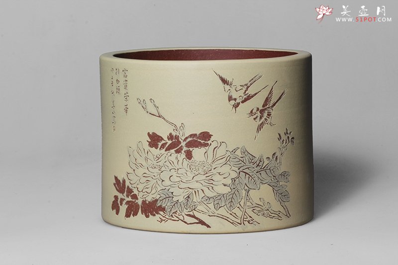 紫砂壶图片：花鸟笔筒 - 宜兴紫砂壶网