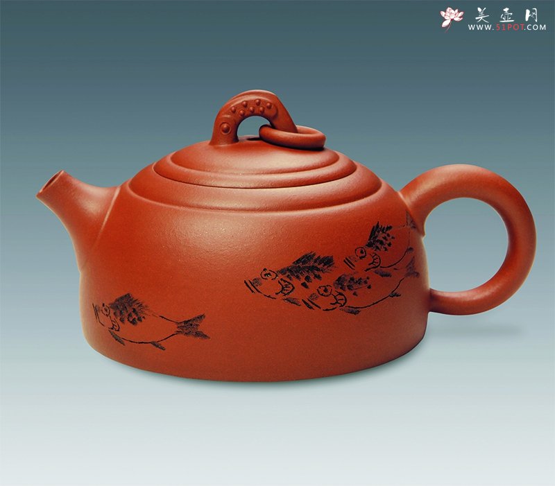 紫砂壶图片：鱼·刻鱼乐（壶） - 宜兴紫砂壶网