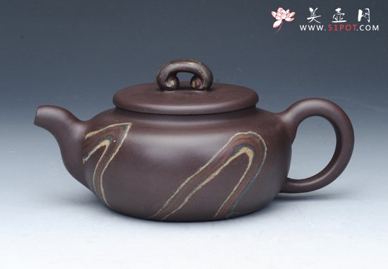 紫砂壶图片：如意腰鼓壶 紫五色土绞泥 - 宜兴紫砂壶网