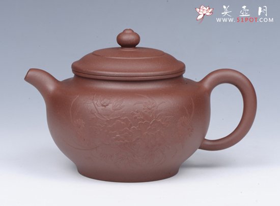 紫砂壶图片：手工堆绘牡丹掇只 - 宜兴紫砂壶网