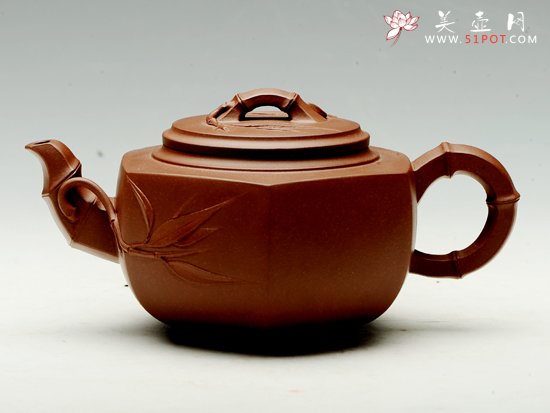 紫砂壶图片：贴竹叶六方雪华 - 宜兴紫砂壶网