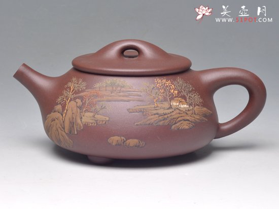 紫砂壶图片：泥绘石瓢（底槽青）... - 宜兴紫砂壶网