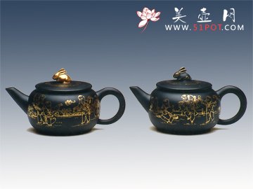 紫砂壶图片：描金玉兔对壶 - 宜兴紫砂壶网