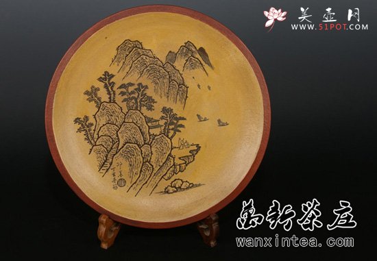 紫砂壶图片：高级大师邵新和制=[紫砂雕刻 山水艺术盘(孤品)(保真) - 宜兴紫砂壶网