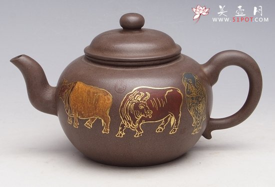 紫砂壶图片：描金五牛图 - 宜兴紫砂壶网