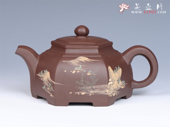 紫砂壶图片：- 泥绘大彬六方 - - 宜兴紫砂壶网
