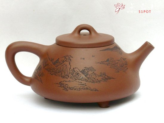 紫砂壶图片：石瓢（陶刻山水） - 宜兴紫砂壶网