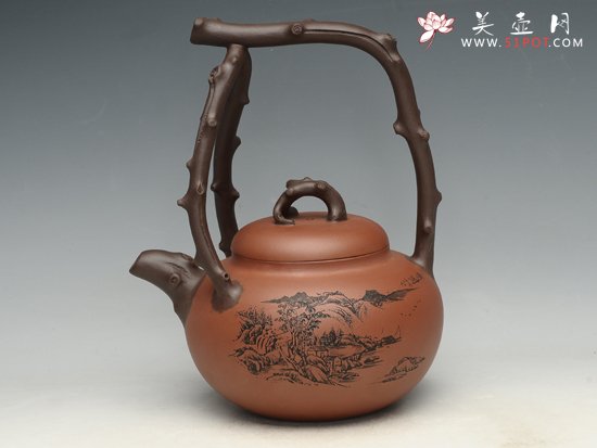 紫砂壶图片：东坡提梁    泥料：原矿老紫泥  容量：800cc - 宜兴紫砂壶网